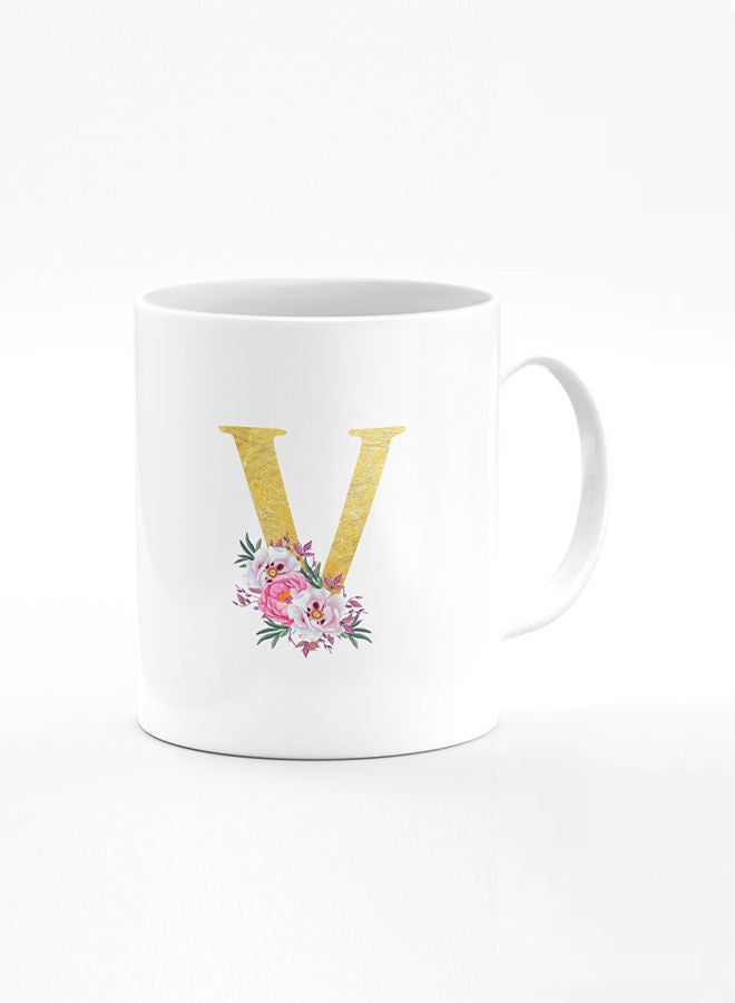 Stylizedd Stylizedd Designer Printed Coffee Mug 11oz Ceramic Personalised Gift Mugs Cup -Custom Monogram Initial Letter Floral Pattern Alphabet - V ( White ) - Image 1