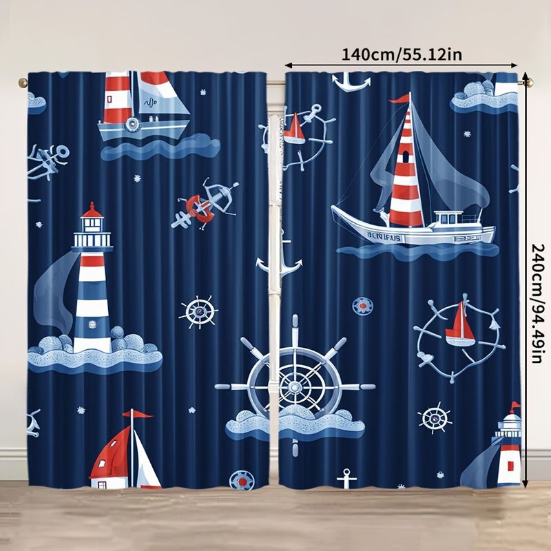 Set Of 2 Modern Curtains 132 X 240Cm With Lighthouse Ship And Anchor Design Suitable For Bedroom Living Room Kitchen Office And Study No Batteries Required - Image 4