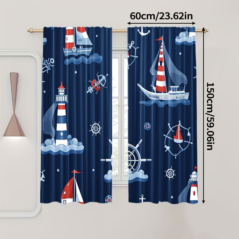 Set Of 2 Modern Curtains 132 X 240Cm With Lighthouse Ship And Anchor Design Suitable For Bedroom Living Room Kitchen Office And Study No Batteries Required - Image 3