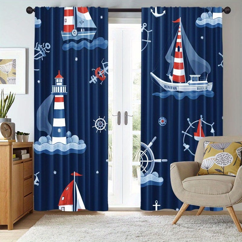 Set Of 2 Modern Curtains 132 X 240Cm With Lighthouse Ship And Anchor Design Suitable For Bedroom Living Room Kitchen Office And Study No Batteries Required - Image 1