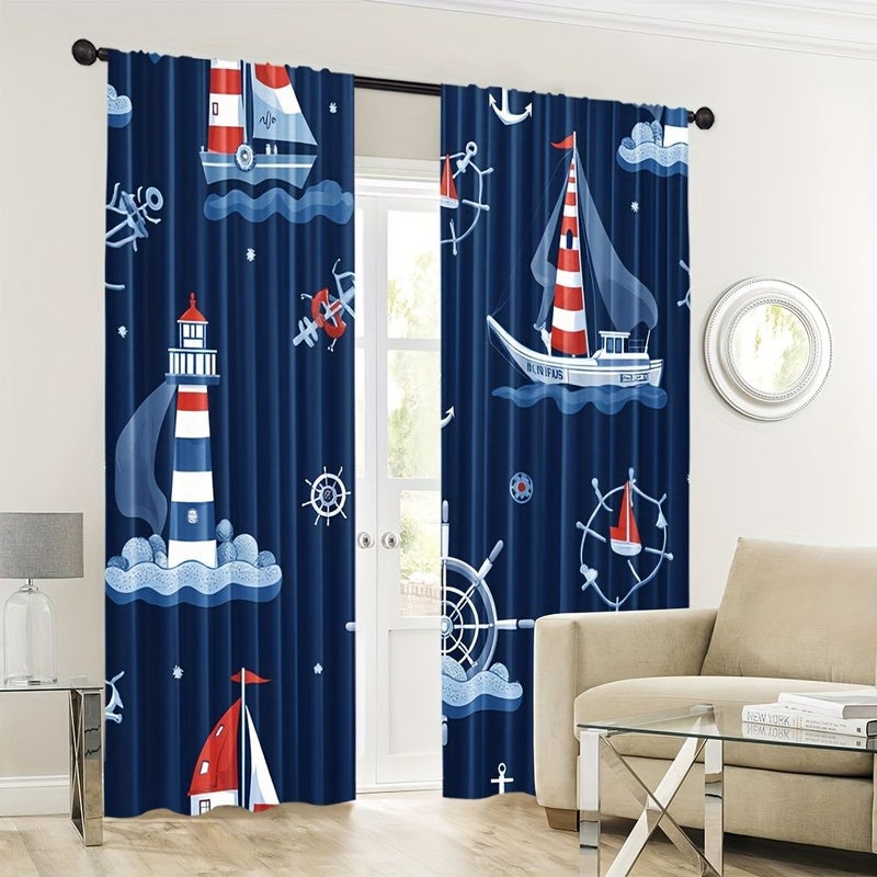 Set Of 2 Modern Curtains 132 X 240Cm With Lighthouse Ship And Anchor Design Suitable For Bedroom Living Room Kitchen Office And Study No Batteries Required - Image 2