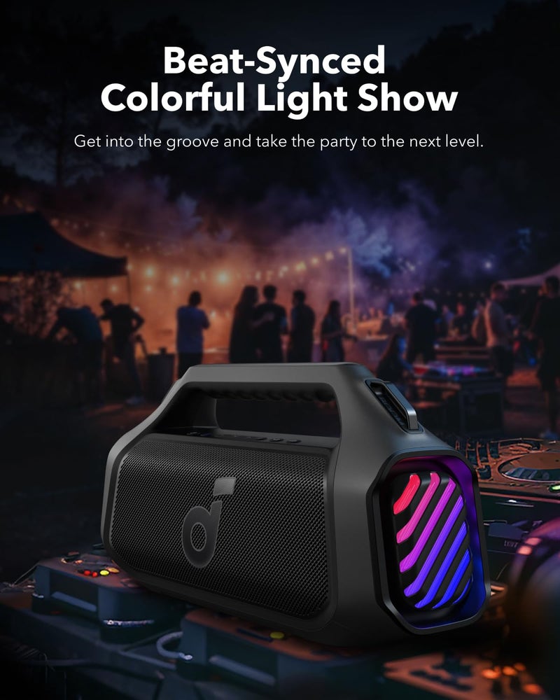 Soundcore ساوندكور بوم 2 بلس من أنكر، مكبر صوت خارجي، 140 واط، 2+2 قناة، باس أب 2.0، 20 ساعة تشغيل، شحن سريع، مقاوم للماء IPX7، أضواء RGB، بنك طاقة، بلوتوث 5.3، محمول في الهواء الطلق، للتخييم، الشاطئ - Image 4