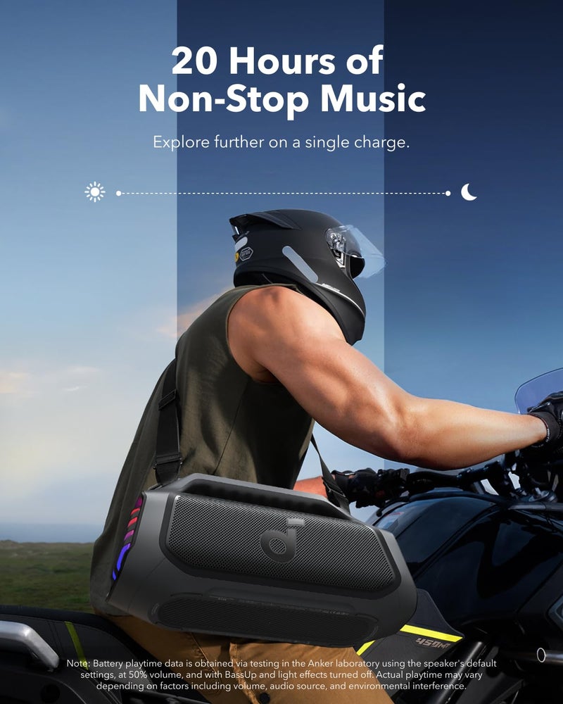 Soundcore ساوندكور بوم 2 بلس من أنكر، مكبر صوت خارجي، 140 واط، 2+2 قناة، باس أب 2.0، 20 ساعة تشغيل، شحن سريع، مقاوم للماء IPX7، أضواء RGB، بنك طاقة، بلوتوث 5.3، محمول في الهواء الطلق، للتخييم، الشاطئ - Image 5