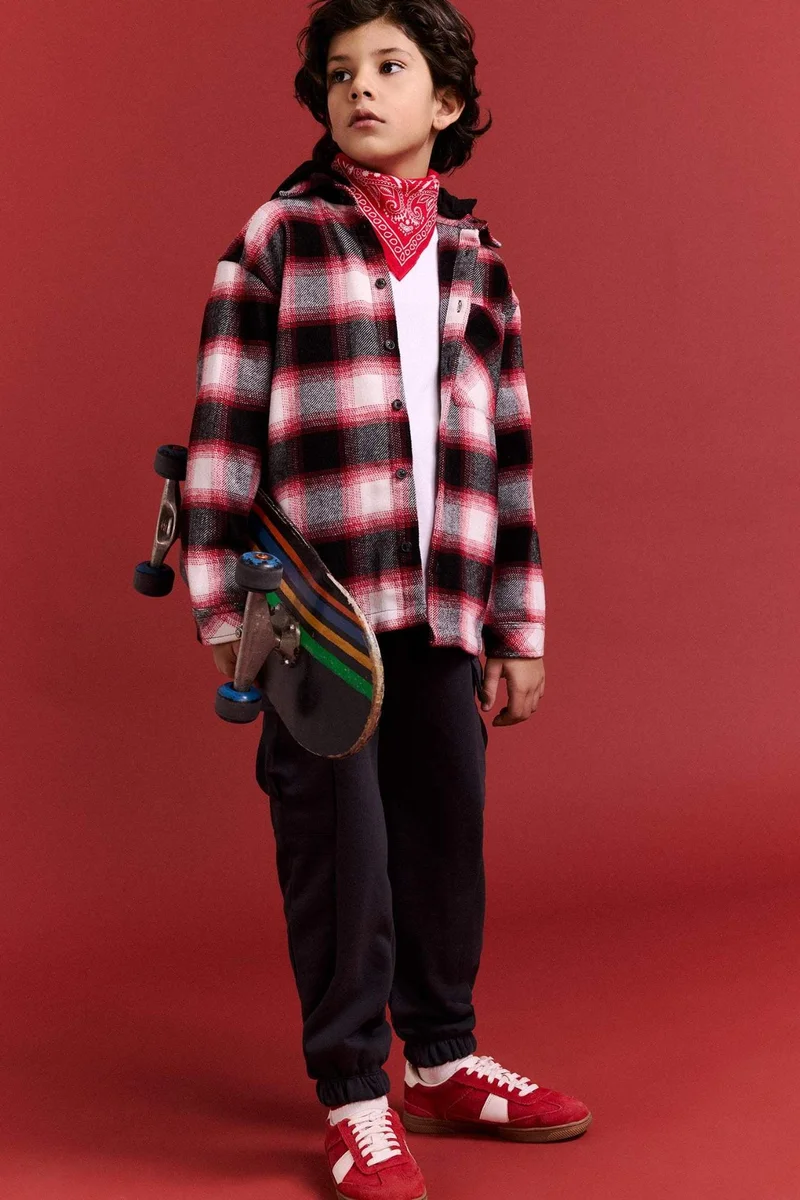 ديفاكتو Boy Oversize Fit Hooded Plaid Flannel Shirt