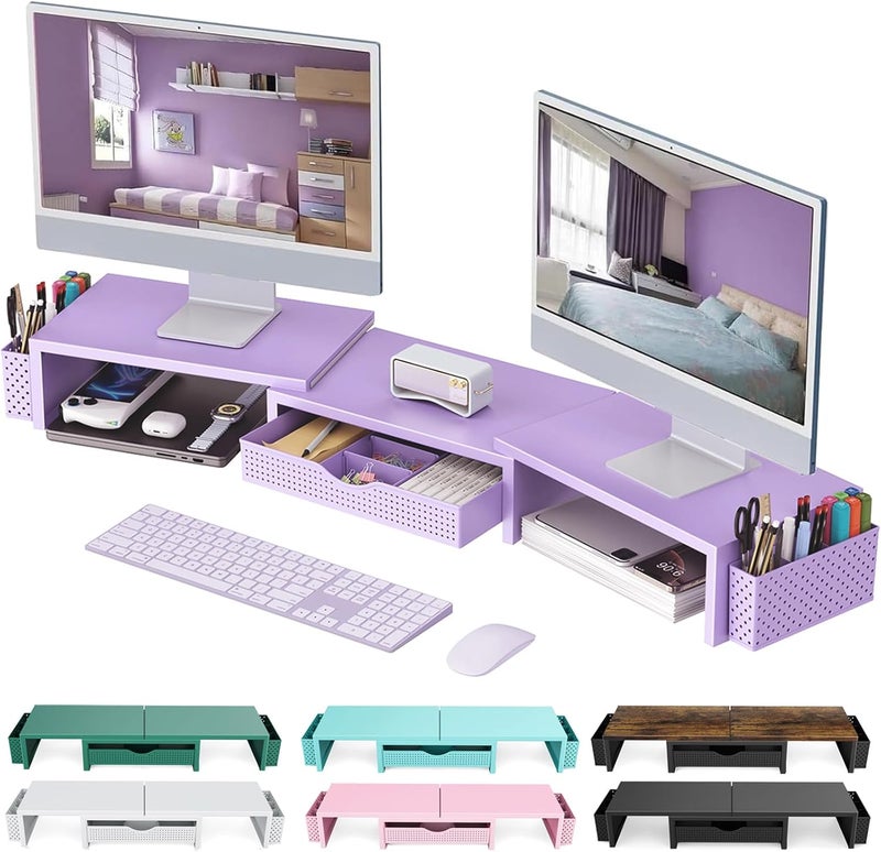 gianotter Dual Monitor Stand Riser, Desk Organizer With Drawer and 2 Pen Holders, Desk Organizers and Accessories, Purple Office Decor (Purple) - Image 1