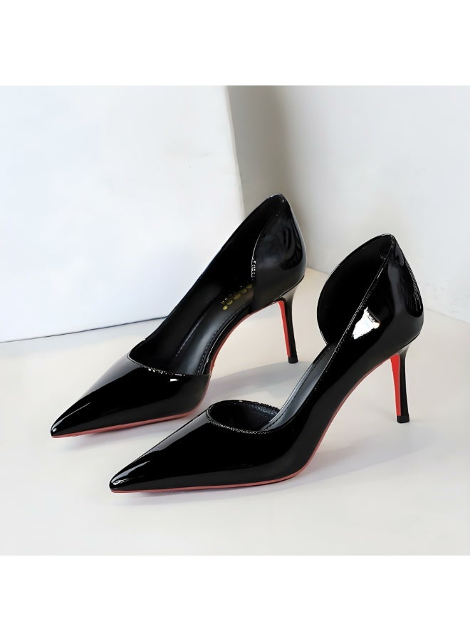 بيج تري المضخات النسائية مغلقة أشارت إصبع القدم الكعب العالي الحزب فستان الأحذية الأسود 7.5CM