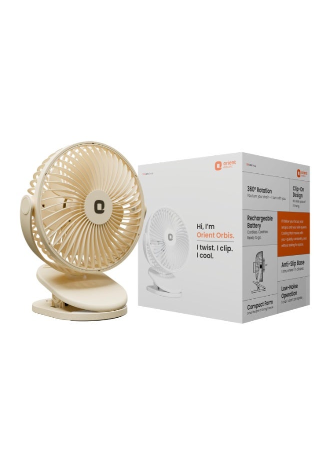 أورينت إليكتريك Orient Electric Orbis Rechargeable Personal Fan | 360° Rotation | 1800 mAh Battery | 4 Speed Modes with Timer | Quiet Operation | USB Type-C Charging | Clip-On Mini Fan (Beige) - Image 1