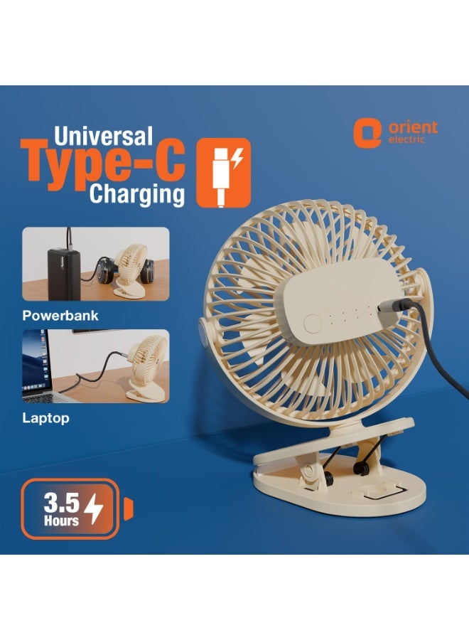 أورينت إليكتريك Orient Electric Orbis Rechargeable Personal Fan | 360° Rotation | 1800 mAh Battery | 4 Speed Modes with Timer | Quiet Operation | USB Type-C Charging | Clip-On Mini Fan (Beige) - Image 2