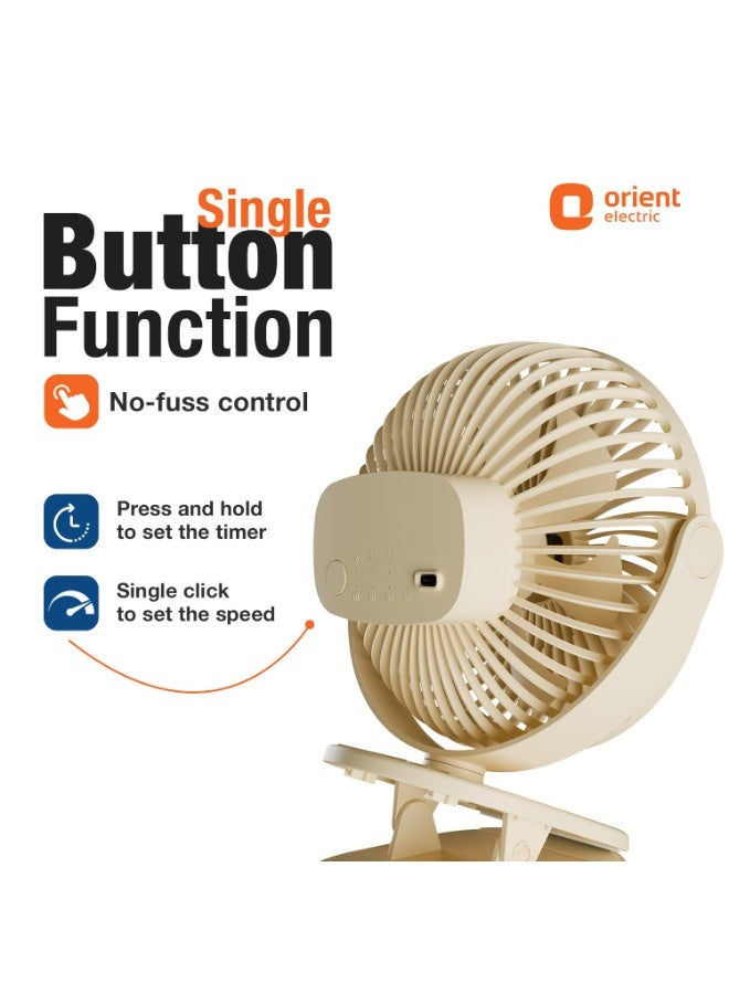 أورينت إليكتريك Orient Electric Orbis Rechargeable Personal Fan | 360° Rotation | 1800 mAh Battery | 4 Speed Modes with Timer | Quiet Operation | USB Type-C Charging | Clip-On Mini Fan (Beige) - Image 5