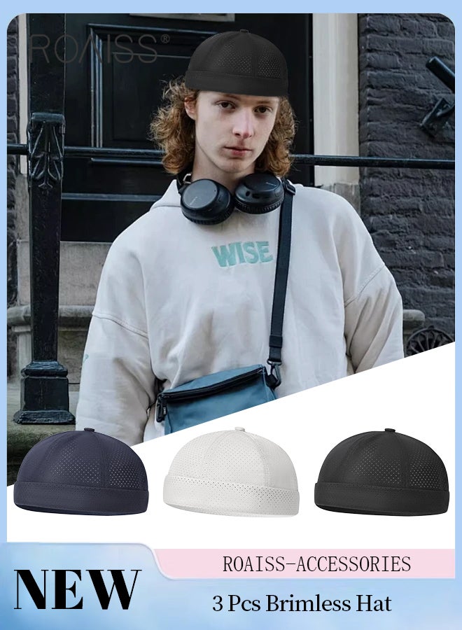 roaiss 3Pcs Mesh Quick-drying Landlord Cap for Men and Women, Brimless Docker Hats, Skin-friendly Breathable Hip-hop Curled Brimless Hat, Adjustable Size Rolled Cuff Dome Hat - Image 1