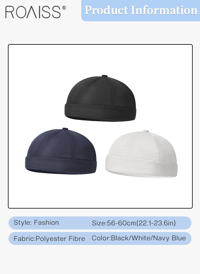 roaiss 3Pcs Mesh Quick-drying Landlord Cap for Men and Women, Brimless Docker Hats, Skin-friendly Breathable Hip-hop Curled Brimless Hat, Adjustable Size Rolled Cuff Dome Hat - Image 3