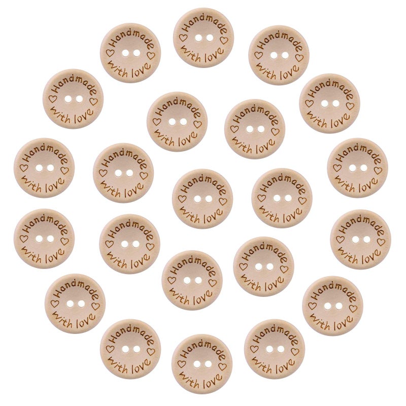 Alfykym 200Pcs 1 inch Wooden Craft Buttons 25mm Handmade with Love Wood Button for Crafts 2 Holes for Crafting Sewing DIY Decor