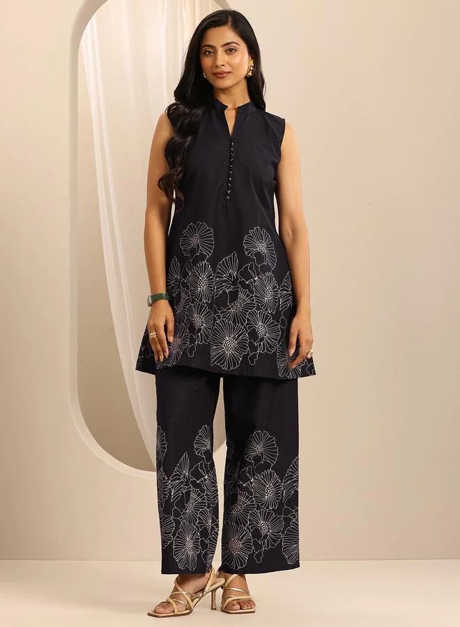 Libas Navy Blue Printed Cotton Top and Pants Co-Ords