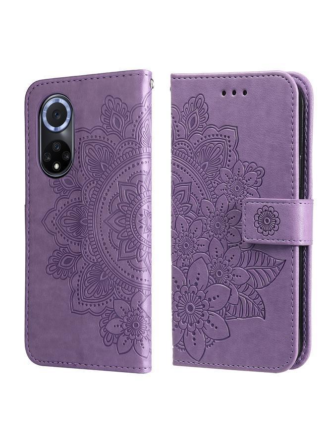 زبون جراب لهاتف Huawei nova 9 / Honor 50 جراب هاتف جلدي قابل للطي منقوش عليه زهور 7 بتلات مع حامل وفتحات للبطاقات - Image 1