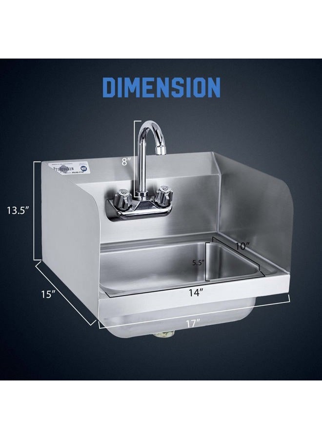 Profeeshaw Stainless Steel Sink Commercial Wall Mounted Hand Washing Basin NSF with Gooseneck Faucet and Side Splash for Kitchen or Bar 17" x 15" - Image 2