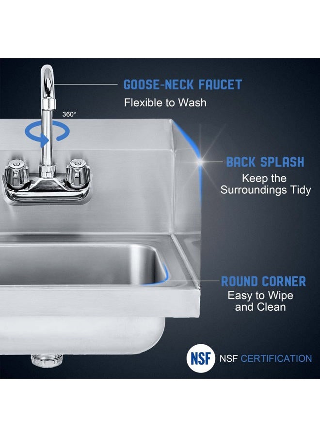 Profeeshaw Stainless Steel Sink Commercial Wall Mounted Hand Washing Basin NSF with Gooseneck Faucet and Side Splash for Kitchen or Bar 17" x 15" - Image 3