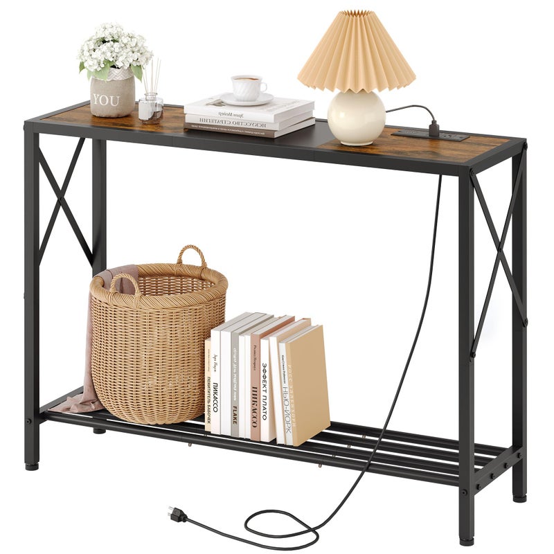 Tajsoon Console Table with Charging Station 418 Entryway Table with Shelves 2Tier Narrow Sofa Table Long Behind Couch Table for Entryway Foyer Living Room Hallway Brown  Black