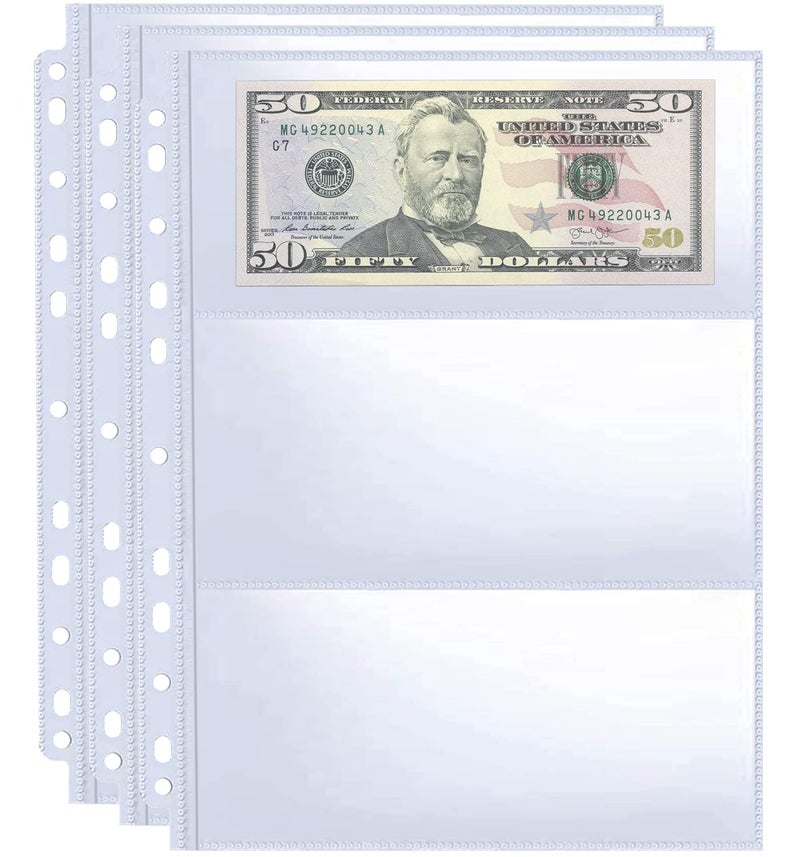 WITHYU 30 Pack 180 Pockets 11 Hole Currency Collection Sleeves, Cash Collecting Album Refill Page, Double Side 3 Pockets Currency Sheets for Collecting Dollar Bills, Paper Money, Foreign Currency and Coupons - Image 1