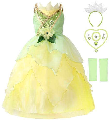 Axaxa Princess Tiana Costume for Girls Tiana Dress Princess and the Frog Costume with Accessories - Image 1