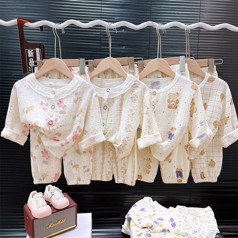 Children'S Pajamas, All-Cotton, Summer Thin Style, Double-Layer Cotton Gauze, Boys' Pajamas, Girls' Baby A-Class Air-Conditioned Home Wear Set - Image 2
