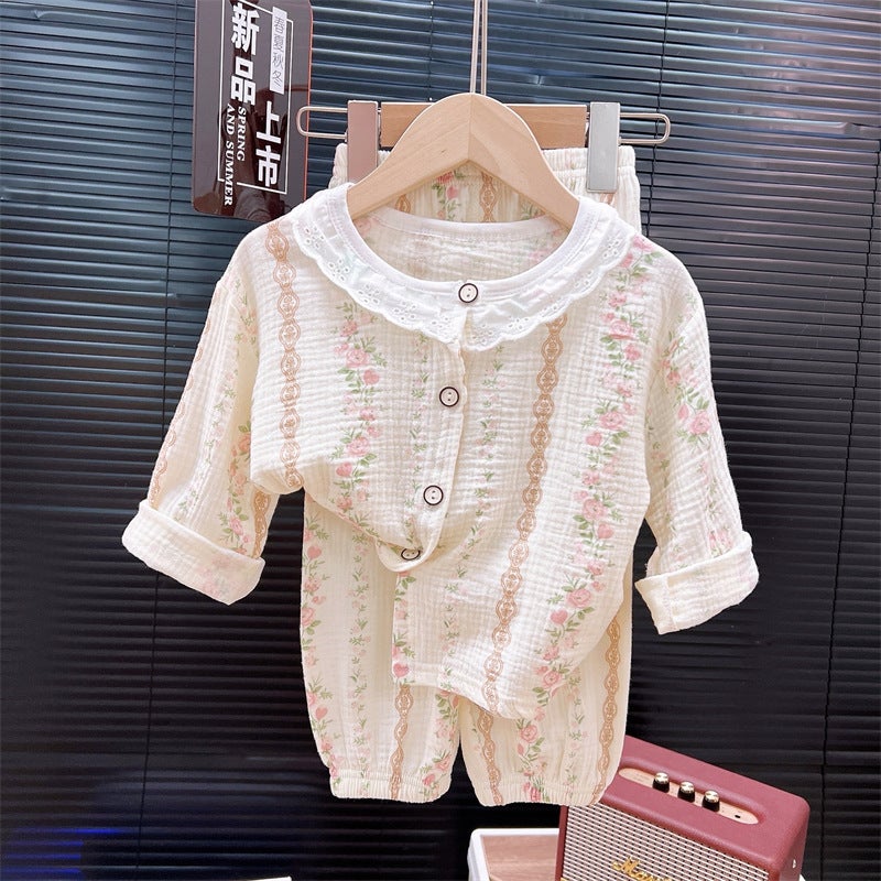 Children'S Pajamas, All-Cotton, Summer Thin Style, Double-Layer Cotton Gauze, Boys' Pajamas, Girls' Baby A-Class Air-Conditioned Home Wear Set - Image 1