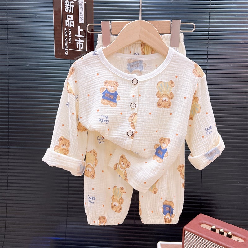 Children'S Pajamas, All-Cotton, Summer Thin Style, Double-Layer Cotton Gauze, Boys' Pajamas, Girls' Baby A-Class Air-Conditioned Home Wear Set - Image 4