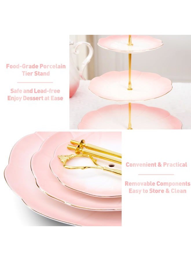 DUJUST Luxury Larger 3-Tier Cupcake Stand Tower, British Style Porcelain Serving Tray with Golden Trim, Food Grade Dessert Display Stand for Tea Party & Home Décor - 45% Gradient Pink Larger Plates - Image 4