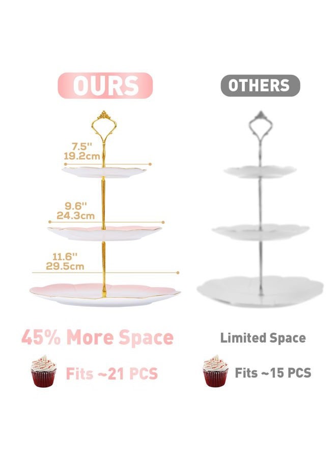 DUJUST Luxury Larger 3-Tier Cupcake Stand Tower, British Style Porcelain Serving Tray with Golden Trim, Food Grade Dessert Display Stand for Tea Party & Home Décor - 45% Gradient Pink Larger Plates - Image 5