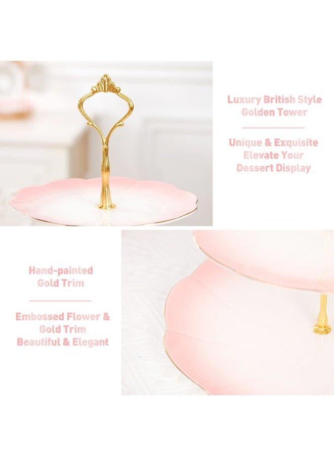 DUJUST Luxury Larger 3-Tier Cupcake Stand Tower, British Style Porcelain Serving Tray with Golden Trim, Food Grade Dessert Display Stand for Tea Party & Home Décor - 45% Gradient Pink Larger Plates - Image 3