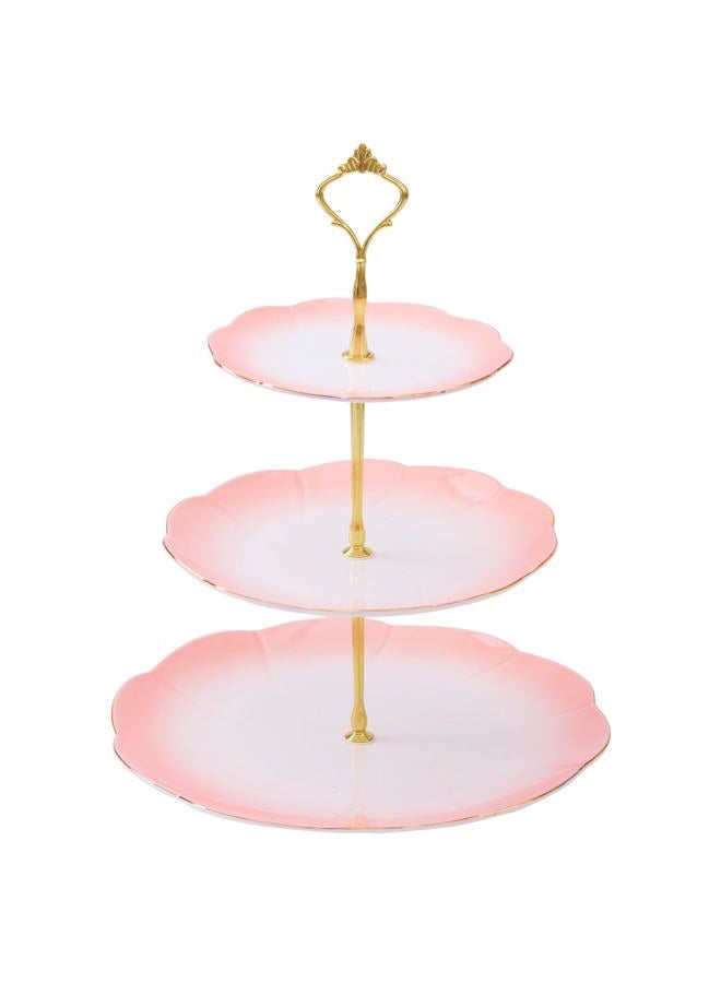 DUJUST Luxury Larger 3-Tier Cupcake Stand Tower, British Style Porcelain Serving Tray with Golden Trim, Food Grade Dessert Display Stand for Tea Party & Home Décor - 45% Gradient Pink Larger Plates - Image 1