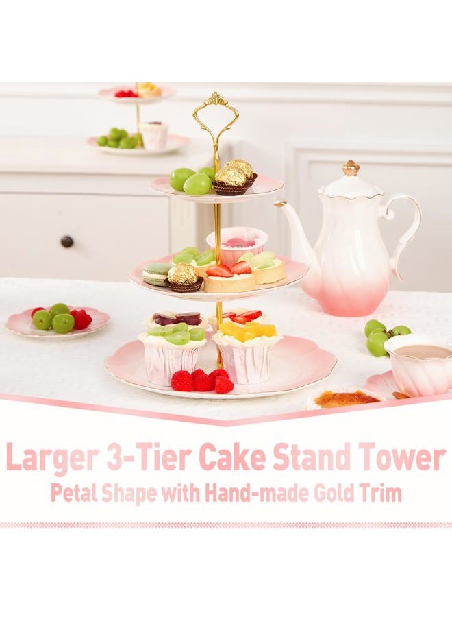 DUJUST Luxury Larger 3-Tier Cupcake Stand Tower, British Style Porcelain Serving Tray with Golden Trim, Food Grade Dessert Display Stand for Tea Party & Home Décor - 45% Gradient Pink Larger Plates - Image 2