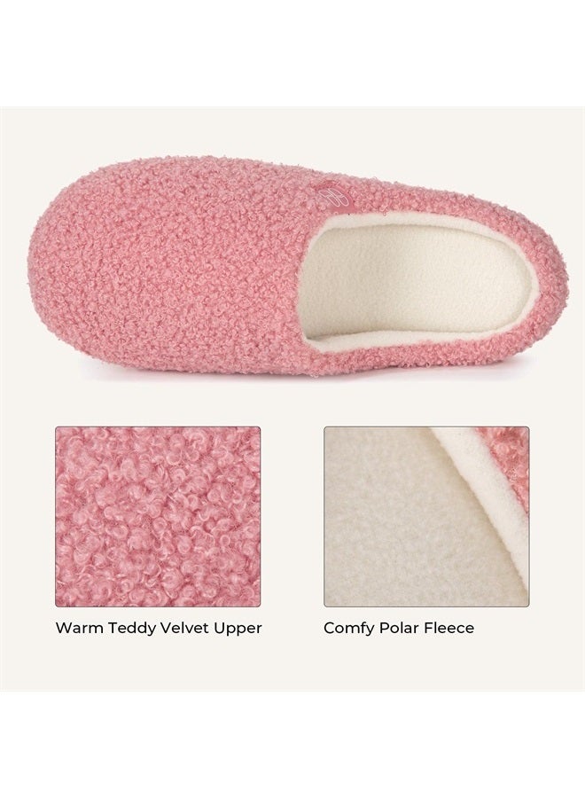 HomeTop Women's Teddy Fleece Memory Foam Slip on Soft House Shoes Indoor Outdoor Ladies Slippers Pink, 7-8 US - Image 1