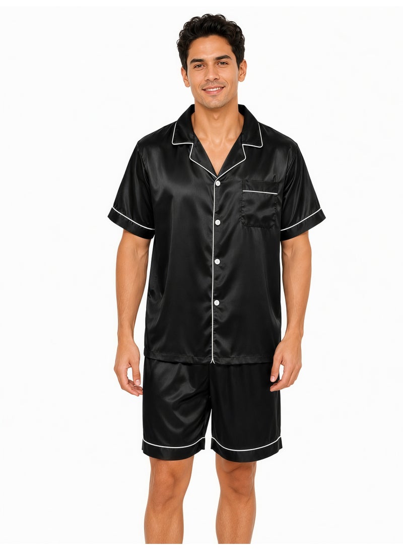 Men's Cooling Satin-Like Pajama Set, Short Sleeve Button Shirt & Shorts, Black - Image 1