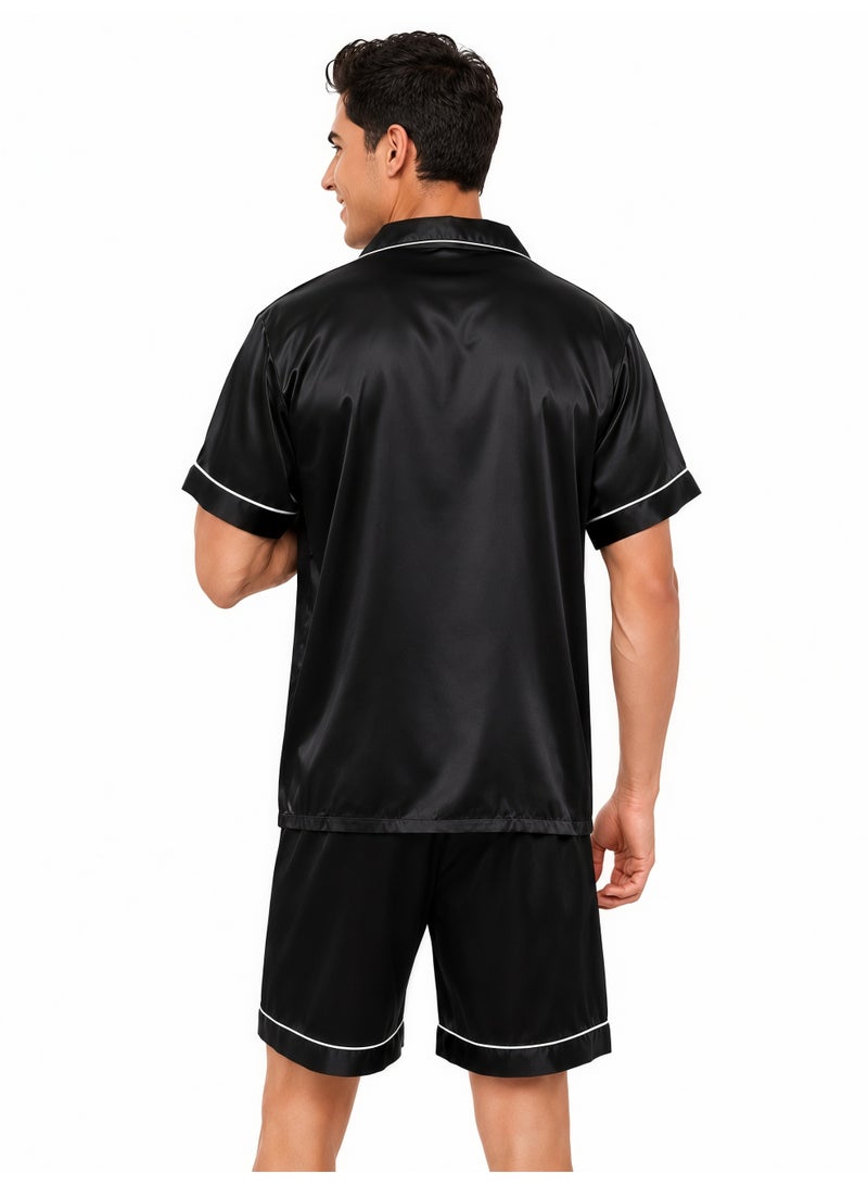 Men's Cooling Satin-Like Pajama Set, Short Sleeve Button Shirt & Shorts, Black - Image 3