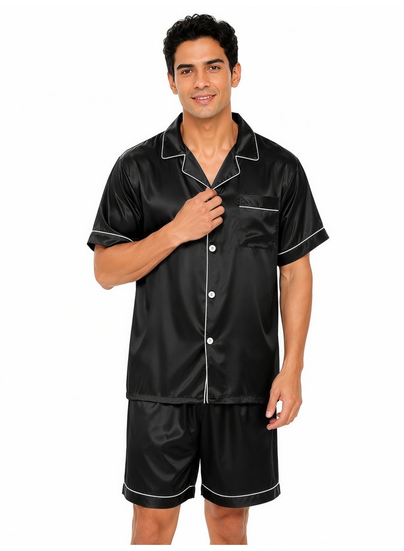 Men's Cooling Satin-Like Pajama Set, Short Sleeve Button Shirt & Shorts, Black - Image 2