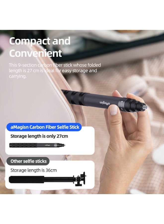aMagisn 1.2m Carbon Fiber Invisible Selfie Stick for Insta360 X5/DJI/GoPro, 4-Stage Telescopic Design, Compact 27cm Folded Length, 1/4 Screw, Tripod Expandable, Lightweight & Durable Pole - Image 4