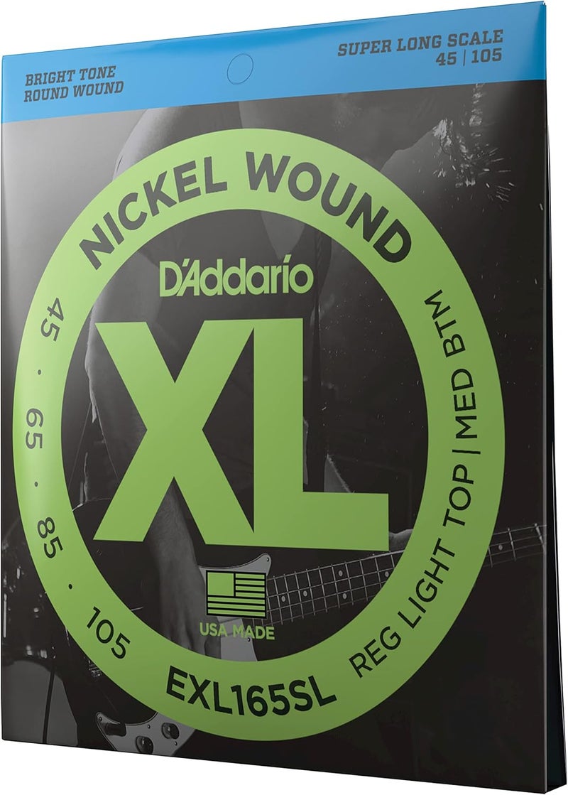 D'Addario Narrow & wide space compatible Bass Guitar Strings - XL Nickel Bass Strings - EXL165SL - Perfect Intonation, Feel, Durability - For 4 String Bass Guitars - 45-105 Regular Light Top/Medium Bottom, Super Long Scale Connectable modular - Image 1