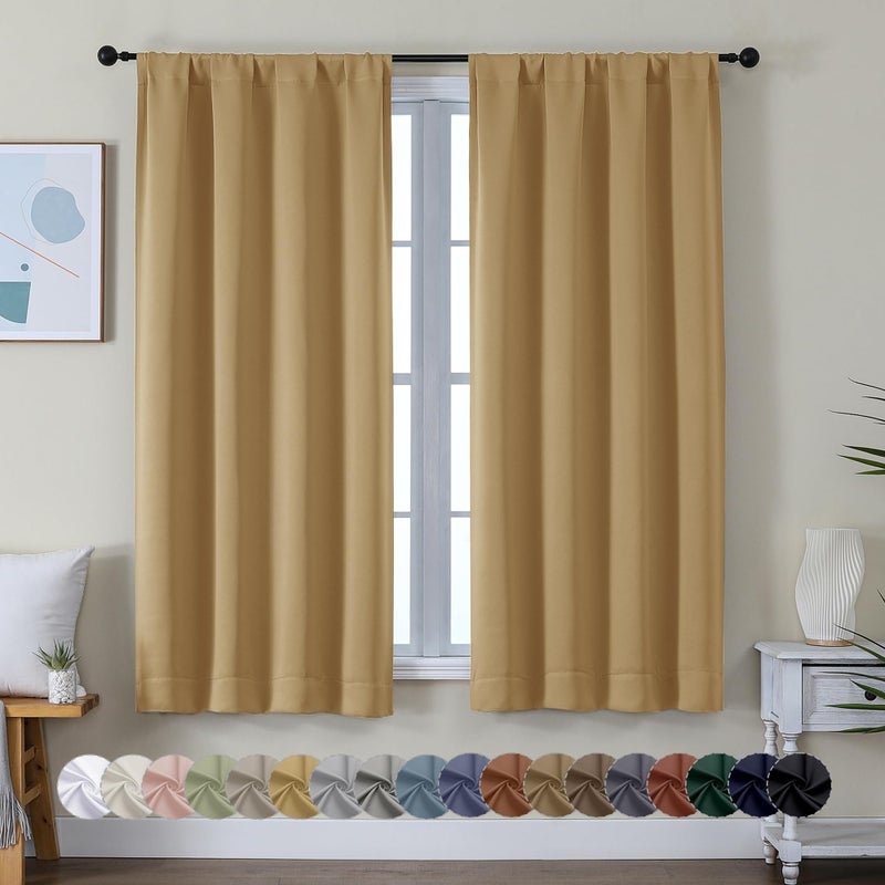 Simplebrand Ava Gold Blackout Curtains for Bedroom 63 Inch Length 2 Panels Set, Solid Thermal Insulated Energy Saving Rod Pocket Window Treatment Curtains Blackout Drapes, W40 x L63 Inch, Gold - Image 1