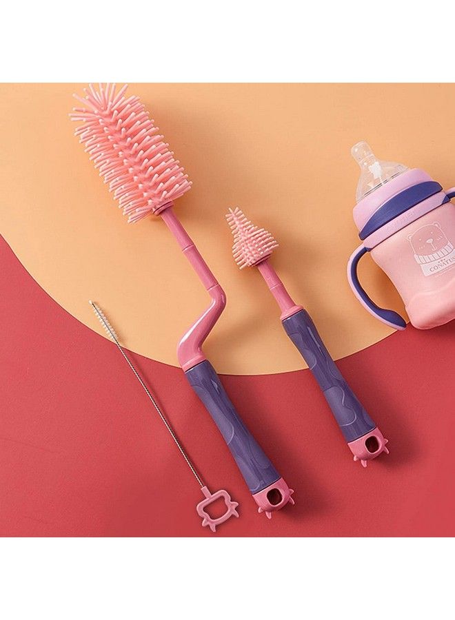 Syga 3 Pcs Silicone Baby Bottle Brush Set 360� Rotating Long Handle Water Bottle Cleaner Brush Teat & Straw Brush Cleaning Cup Brush For Baby Bottles Plastic Bottles Glass Bottles Straws Pink - Image 3