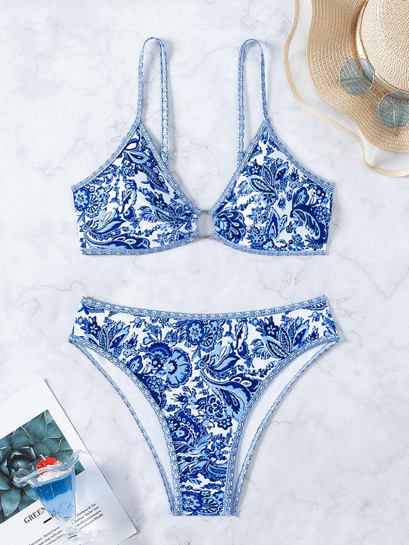 Fanuerg Women's Triangle Bikini Sets O Ring Linked Two Piece Swimsuits Floral Printed Cheeky Bathing Suit Paisley Blue Floral M - Image 3