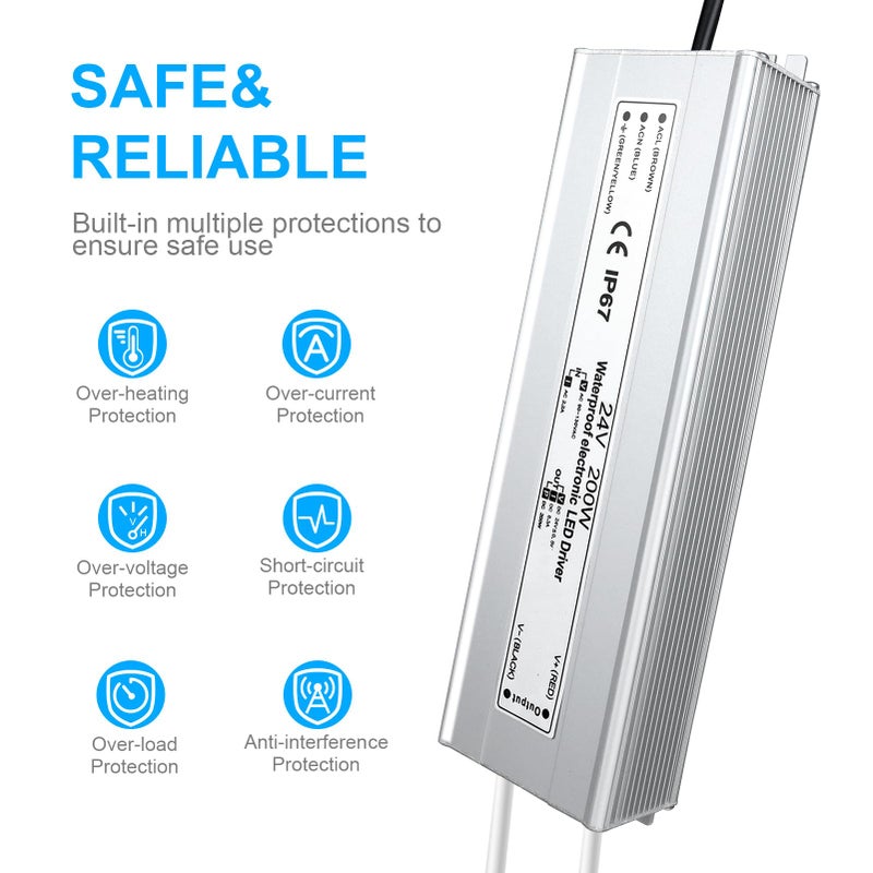LightingWill LED Driver 200 Watts Waterproof IP67 Power Supply Transformer, 90-140V AC to 24V DC Low Voltage Output, Adapter with 3-Prong Plug 3.3 Feet Cable for Outdoor Use, Computer Project - Image 2