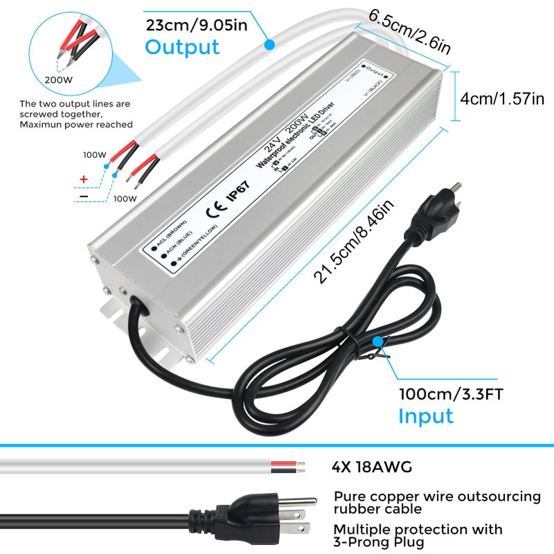 LightingWill LED Driver 200 Watts Waterproof IP67 Power Supply Transformer, 90-140V AC to 24V DC Low Voltage Output, Adapter with 3-Prong Plug 3.3 Feet Cable for Outdoor Use, Computer Project - Image 3