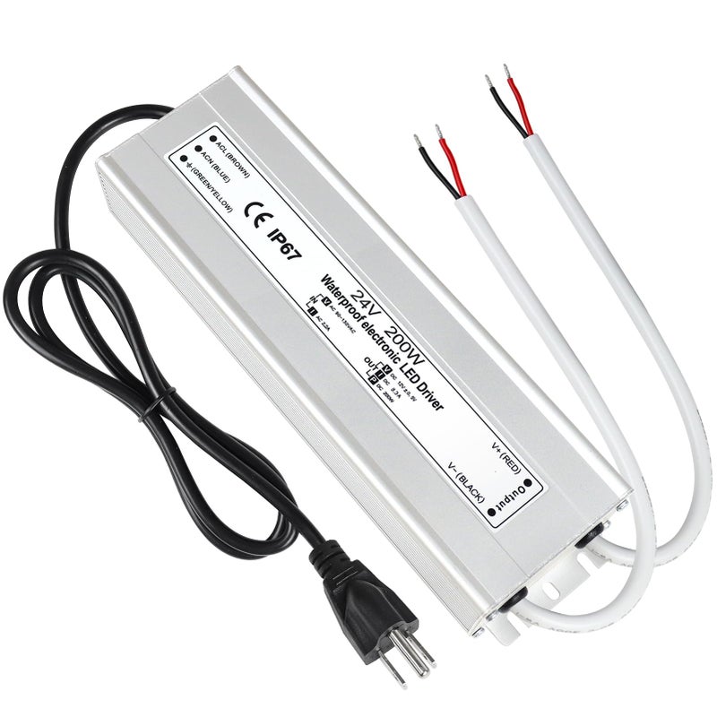 LightingWill LED Driver 200 Watts Waterproof IP67 Power Supply Transformer, 90-140V AC to 24V DC Low Voltage Output, Adapter with 3-Prong Plug 3.3 Feet Cable for Outdoor Use, Computer Project - Image 1