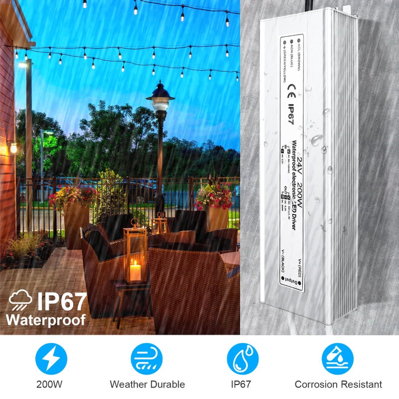 LightingWill LED Driver 200 Watts Waterproof IP67 Power Supply Transformer, 90-140V AC to 24V DC Low Voltage Output, Adapter with 3-Prong Plug 3.3 Feet Cable for Outdoor Use, Computer Project - Image 4