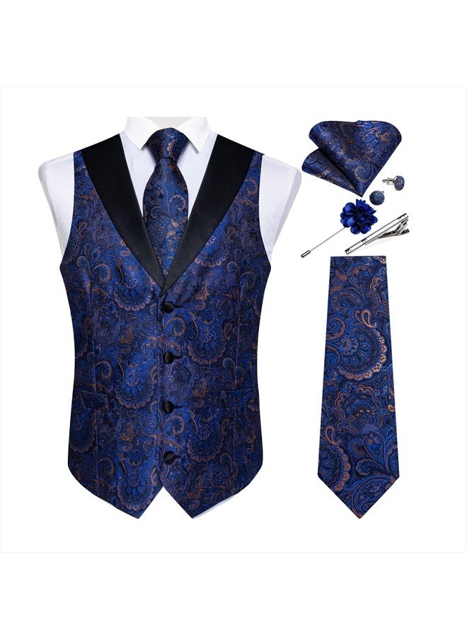 DiBanGu Mens Vest and Tie Set Formal Paisley Waistcoat and Necktie Pocket Square Cufflinks Silk Suit Vest for Tuxedo Wedding, Blue, XX-Large  - Image 1