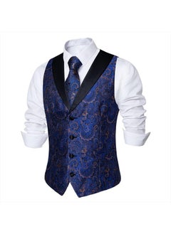 DiBanGu Mens Vest and Tie Set Formal Paisley Waistcoat and Necktie Pocket Square Cufflinks Silk Suit Vest for Tuxedo Wedding, Blue, XX-Large  - Image 3