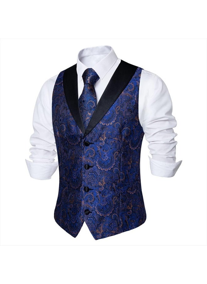 DiBanGu Mens Vest and Tie Set Formal Paisley Waistcoat and Necktie Pocket Square Cufflinks Silk Suit Vest for Tuxedo Wedding, Blue, XX-Large  - Image 3
