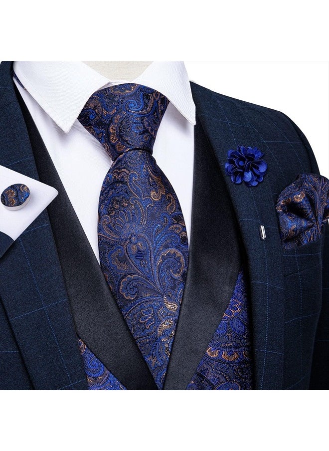 DiBanGu Mens Vest and Tie Set Formal Paisley Waistcoat and Necktie Pocket Square Cufflinks Silk Suit Vest for Tuxedo Wedding, Blue, XX-Large  - Image 2
