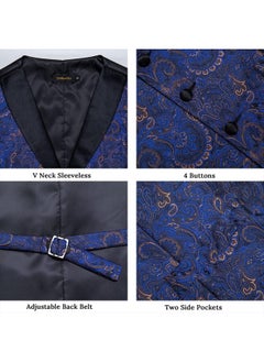 DiBanGu Mens Vest and Tie Set Formal Paisley Waistcoat and Necktie Pocket Square Cufflinks Silk Suit Vest for Tuxedo Wedding, Blue, XX-Large  - Image 4