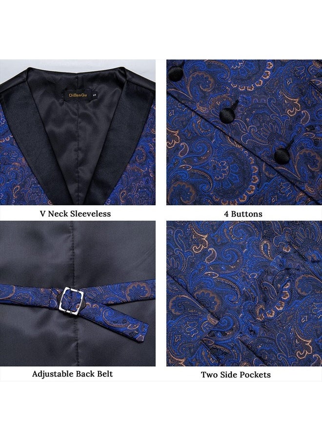 DiBanGu Mens Vest and Tie Set Formal Paisley Waistcoat and Necktie Pocket Square Cufflinks Silk Suit Vest for Tuxedo Wedding, Blue, XX-Large  - Image 4